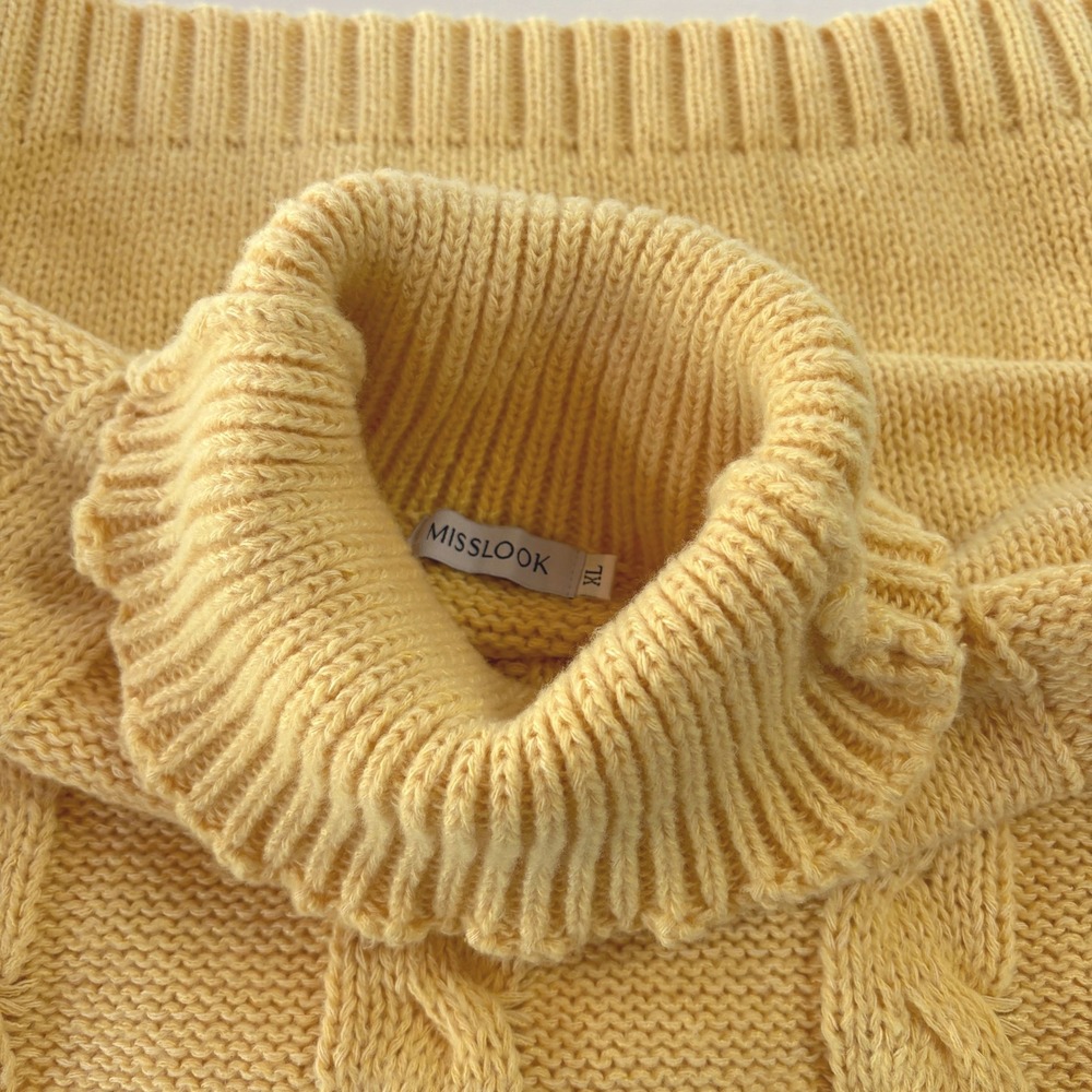 Vintage 90s Chunky Cable Knit Turtleneck Sweater XL Butter Yellow Fisherman Cozy - Picture 11 of 11